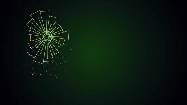 Neon geometric firework explosions animating on dark abstract background digital motion art.