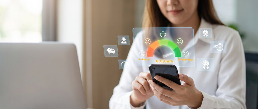 Person using a smartphone while viewing a customer satisfaction dashboard with colorful rating gauge, emotion icons and star feedback symbols, customer experience, online reviews, service quality, cli