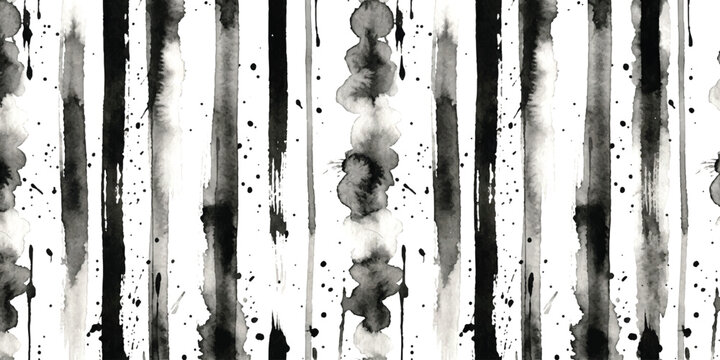 Black ink brush strokes and paint splatters forming vertical stripes on a textured background