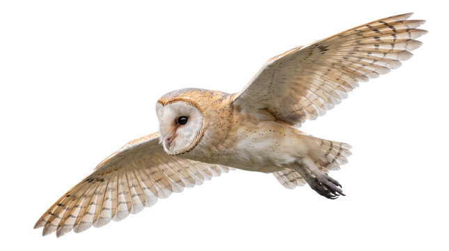 Barn owl in flight with wings extended isolated on transparent background