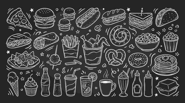 Hand Drawn Fast Food Chalkboard Banner with Pizza Burger Tacos Sandwiches Fries Desserts Drinks and Restaurant Doodle Elements