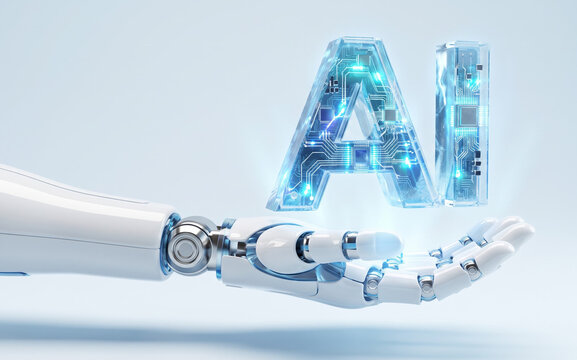 Robotic hand presenting glowing AI symbol with microchips and digital circuits for artificial intelligence, machine learning, automation, and future technology