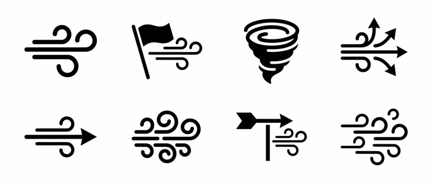 Weather icons set with directional arrows. Meteorological symbols for wind and storms. Tornado, hurricane, wind gusts, arrows. Minimalist design for apps, websites, presentations. Vector illustration.
