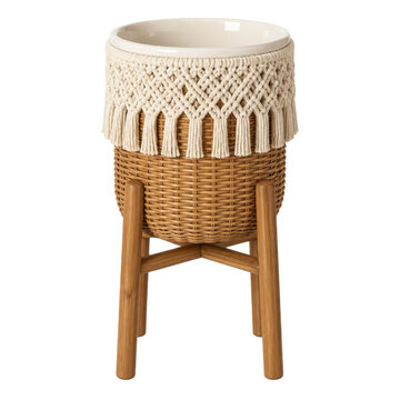 Woven Basket with Macrame and Wooden Stand for Home Decor