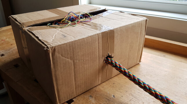 Cardboard Box with Colorful Twisted Rope Coming Out from Hole and Tangled Threads on Top. Concept of sealed box, loose threads, synergy concept, transformation, package, cord.