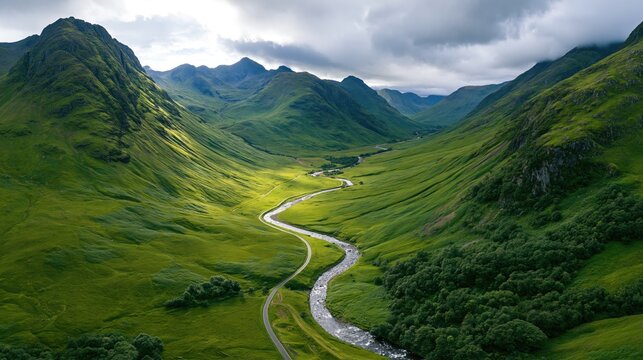 Growth and Change in Scottish Highlands Valley with Winding River Road