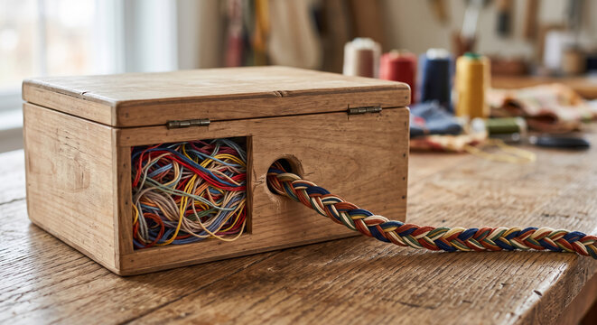 Wooden box with tangled colorful threads transforming into neat braided rope on craft table. Concept of organization, craft concept, order from chaos, handicraft, sewing supplies.