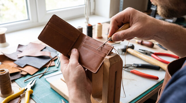 Artisan stitching handmade leather wallet with awl at workbench in workshop. Concept of small leather goods, leather craft, leatherworking, stitching pony.