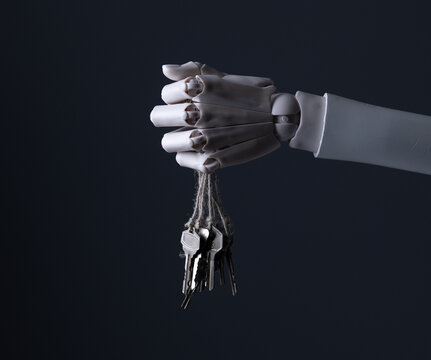 Robotic Hand Holding Key for AI Security and Smart Technology Solution Concept
