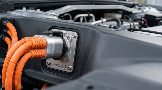 Electric vehicle battery technology with orange charging cable connected inside modern engine compartment for clean transportation
