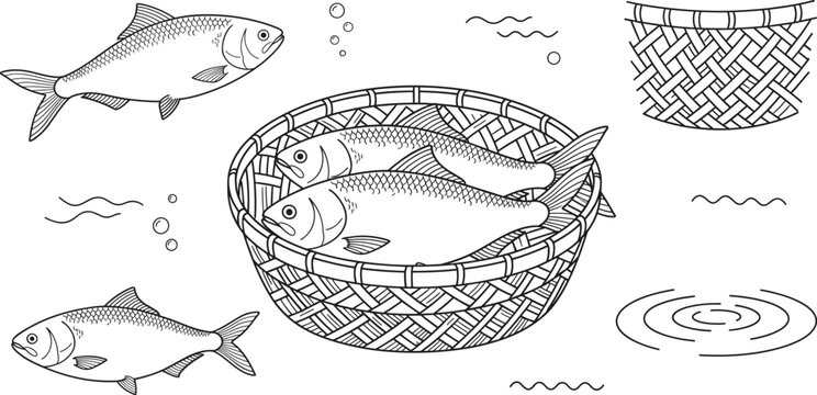 Fresh fish harvest line art vector illustration set featuring wicker basket full of fish nets bubbles and water waves