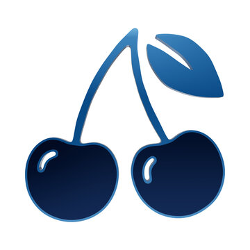 Blue glossy cherry fruit pair icon with stem and leaf, simple on dark isolated on a transparent background