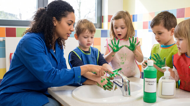 Teacher helps young children wash paint off hands at kindergarten sink. Concept of handwashing, preschool, hygiene, faucet, dirty hands, green paint, art class.
