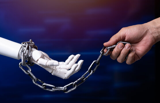 Human Hand Holding Chain Binding Robotic Hand for AI Control and Ethics Concept