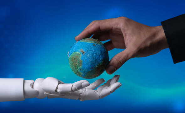 Human Hand Placing Globe on Robotic Hand for AI Planet Protection Concept