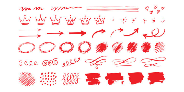 Set of hand drawn red doodle elements like arrows crowns hearts and scribbles for design decoration