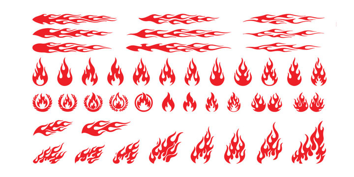 Set of red fire flame icons and motion speed trail graphics for racing car decals and design