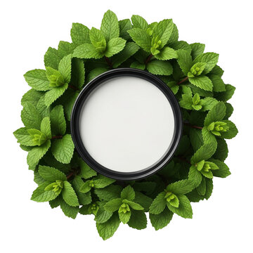 Fresh green mint leaves arranged in a circular frame with a round center space isolated on transparent background