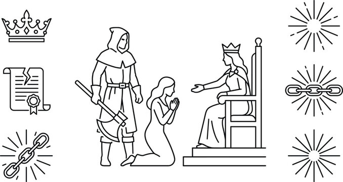 Medieval queen granting mercy to kneeling prisoner line art vector illustration set featuring executioner crown throne and broken chains