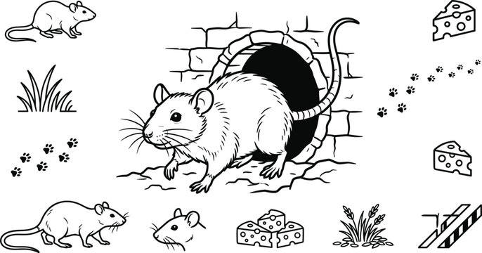 Mice and rats infesting hole wall line art vector illustration set featuring cheese blocks pawprints grass and snap trap