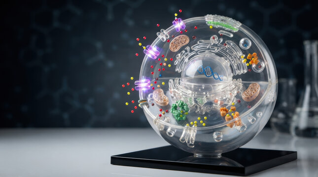 Antimicrobial resistance testing concept shown through transparent cell model with colorful particles and cellular structures