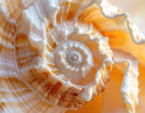 Intricate natural spiral patterns of a seashell in warm light