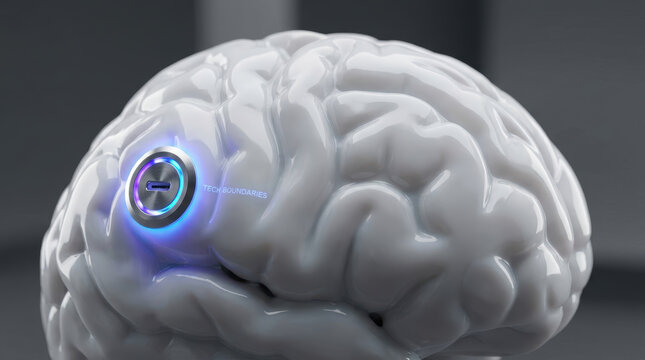 Neuroscience research ethics concept with glowing neural implant on artificial human brain suggesting medical innovation and emotional uncertainty