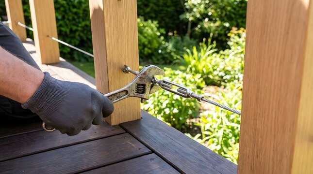 Professional worker wearing protective gloves tightening a stainless steel turnbuckle on a modern cable railing system for a wooden deck balcony using an adjustable wrench outdoors.