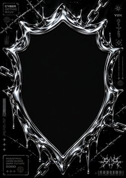 Cyber Gothic Metallic Chrome Shield Frame Background with Chain and Barbed Wire for Dark Halloween Party Banner Design