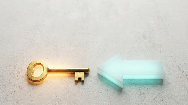 Glowing golden key beside aqua arrow suggests strategic navigation along clear path with hopeful direction and symbolic guidance