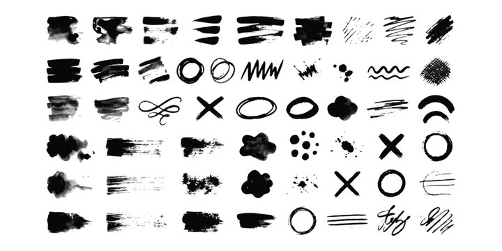 Set of black ink brush strokes and hand drawn shapes isolated elements