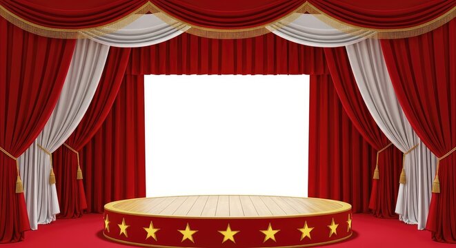Vibrant vintage circus stage features rich red and white drapery framing a circular wooden platform adorned with bright golden stars, design, white, tent