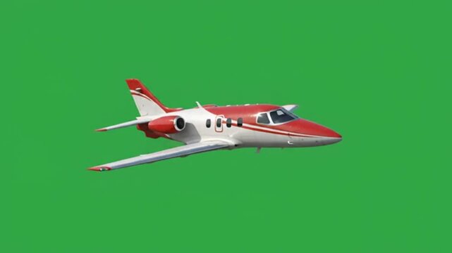 A sleek red and white private jet flying gracefully against a vibrant green screen backdrop, perfect for aviation projects
