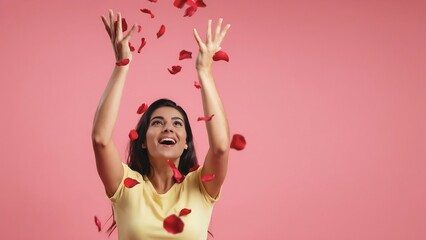 Fototapeta premium Woman throwing red rose petals with joyful expression