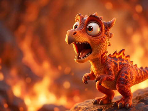 Surprised baby dragon stands on rock with fiery volcanic background illustration