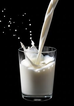 Fresh white milk pours into a clear glass, creating a dynamic splash with droplets frozen in mid-air against a solid black background, frozen motion, macro, calcium