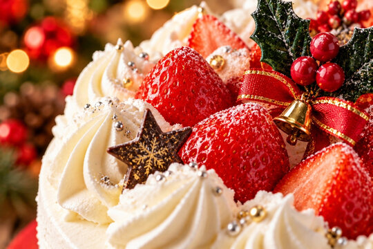 いちごと生クリームで飾ったクリスマスケーキとヒイラギとベル