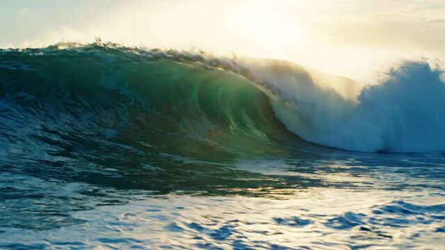 Powerful ocean wave breaking at sunset with golden light