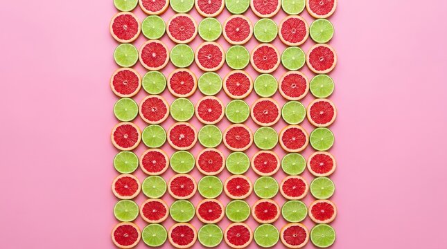 Pattern of sliced grapefruit and lime citrus fruits on a pink