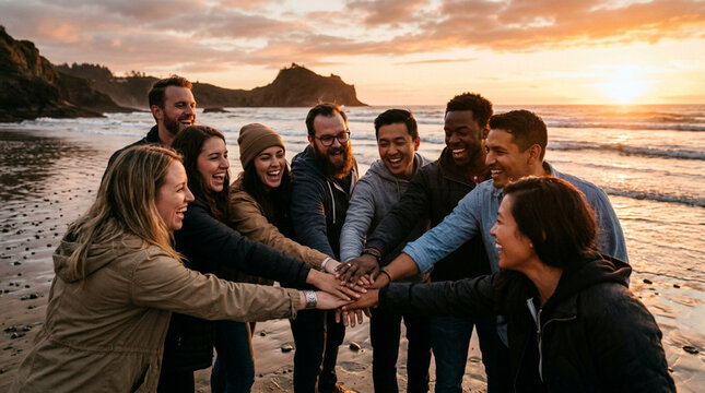 Diverse friends embrace at sunset beach, hands together in unity and joy.