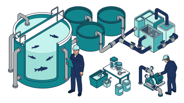 Aquaculture System Fish Farming Process with Water Treatment and Maintenance