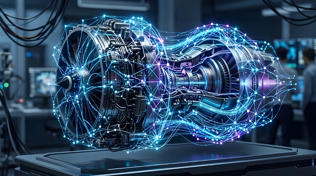 Futuristic jet engine turbine with glowing holographic data grid and network connections inside aerospace facility aviation aerospace technology