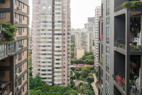 View of modern residential buildings from a high-rise apartment
