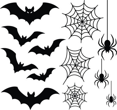 Halloween silhouettes vector set featuring flying bats spiderwebs and hanging spiders isolated on a white background
