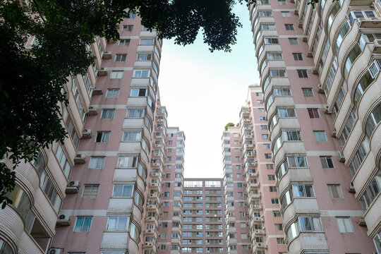 Looking up between residential apartment towers