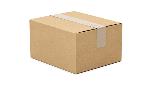 Cardboard shipping box sealed with tape on a black background, ready for delivery or storage, recyclable packaging isolated on a transparent background