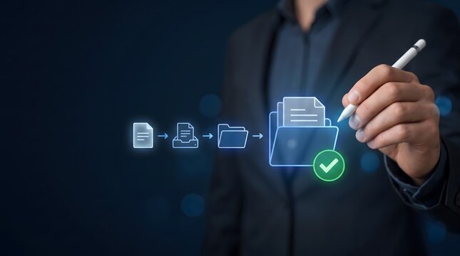 Digital document workflow automation with a checkmark confirming completion visualized with icons and a folder as a businessman uses a stylus on a dark background.