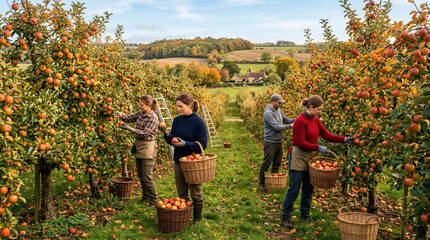 Fototapeta premium Apple Orchard Harvest: Workers Picking Ripe Fruit in Autumn