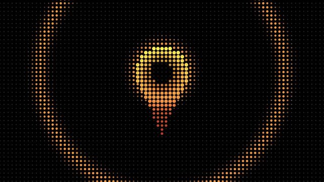 Digital map location pin icon made of glowing dots on black background