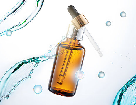 Floating Skincare Dropper & Liquid Splash: Amber glass bottle containing serum with dropper in refreshing water splash
